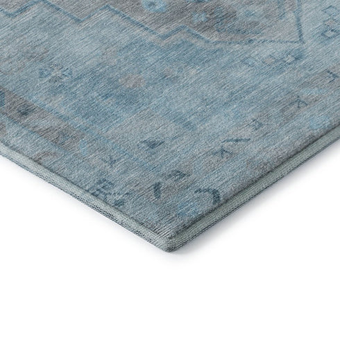 8' Sky Blue And Gray Medallion Washable Round Rug With UV Protection