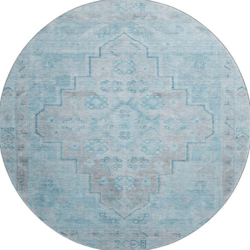 8' Sky Blue And Gray Medallion Washable Round Rug With UV Protection