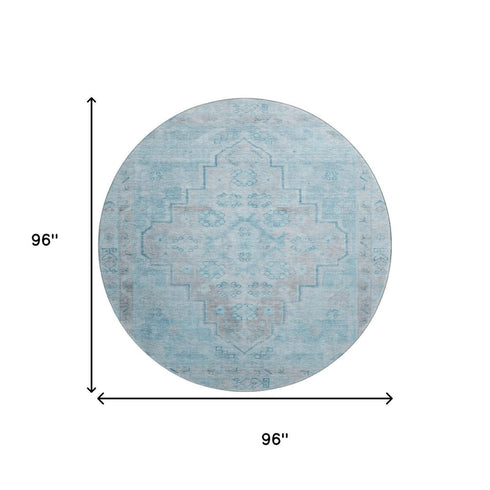 8' Sky Blue And Gray Medallion Washable Round Rug With UV Protection