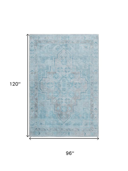 8' X 10' Sky Blue And Gray Medallion Washable Area Rug With UV Protection
