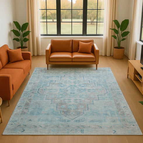 8' X 10' Sky Blue And Gray Medallion Washable Area Rug With UV Protection