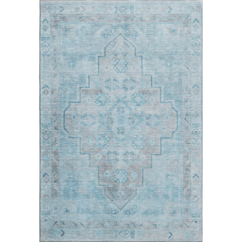 8' X 10' Sky Blue And Gray Medallion Washable Area Rug With UV Protection