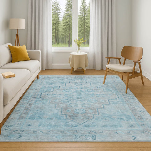 8' X 10' Sky Blue And Gray Medallion Washable Area Rug With UV Protection
