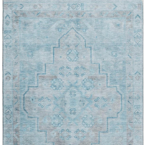8' X 10' Sky Blue And Gray Medallion Washable Area Rug With UV Protection