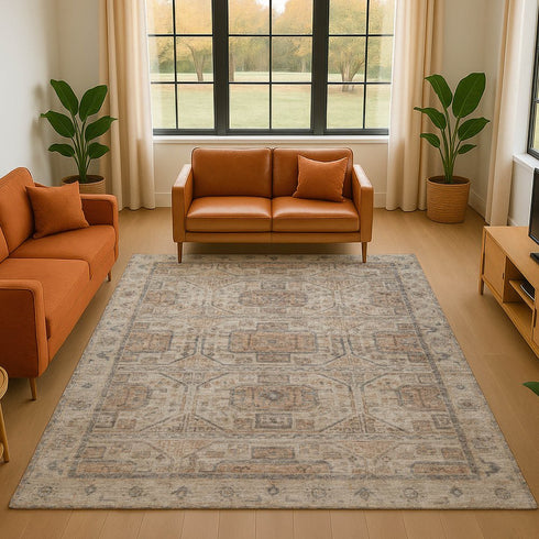 8' X 10' Beige Coffee And Gray Geometric Washable Area Rug With UV Protection
