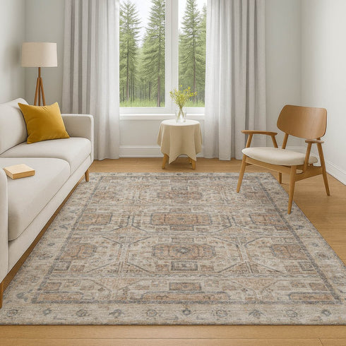 8' X 10' Beige Coffee And Gray Geometric Washable Area Rug With UV Protection