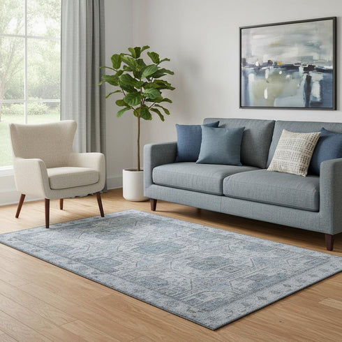 5' X 8' Blue And Gray Geometric Washable Area Rug With UV Protection