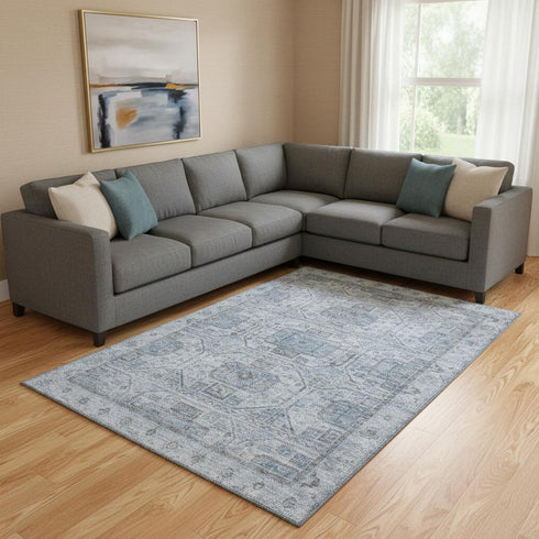 8' X 10' Blue And Gray Geometric Washable Area Rug With UV Protection