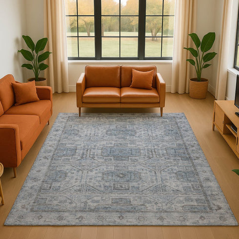 9' X 12' Blue And Gray Geometric Washable Area Rug With UV Protection