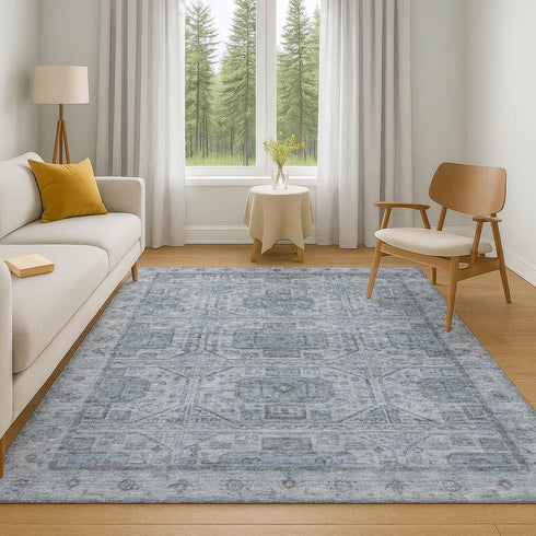 9' X 12' Blue And Gray Geometric Washable Area Rug With UV Protection