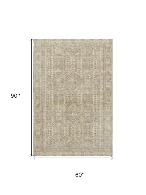 5' X 8' Beige And Taupe Geometric Washable Area Rug With UV Protection