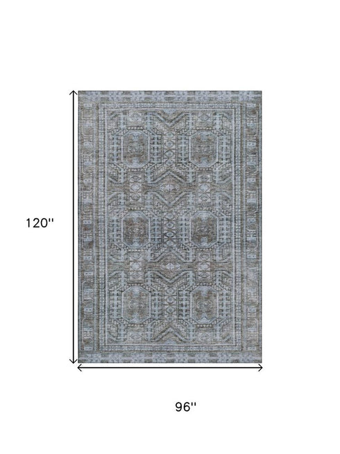 8' X 10' Chocolate And Blue Geometric Washable Area Rug With UV Protection