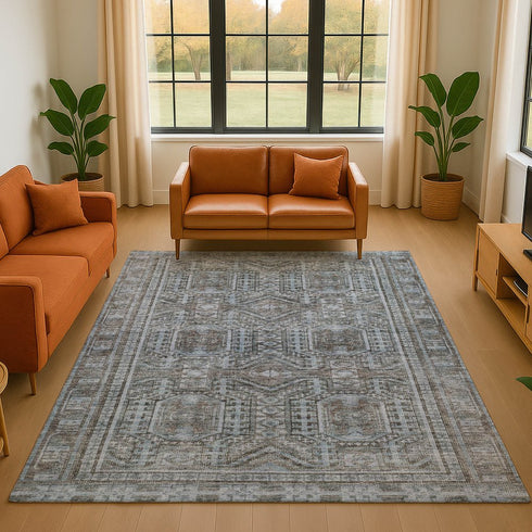 8' X 10' Chocolate And Blue Geometric Washable Area Rug With UV Protection