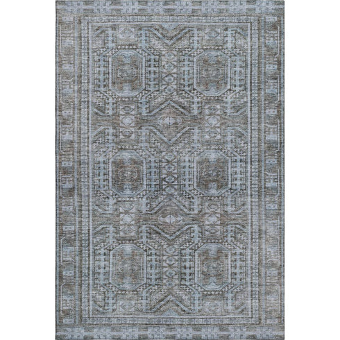 8' X 10' Chocolate And Blue Geometric Washable Area Rug With UV Protection