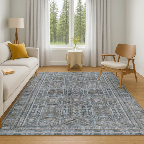 8' X 10' Chocolate And Blue Geometric Washable Area Rug With UV Protection