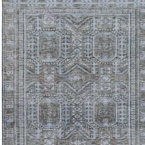 8' X 10' Chocolate And Blue Geometric Washable Area Rug With UV Protection
