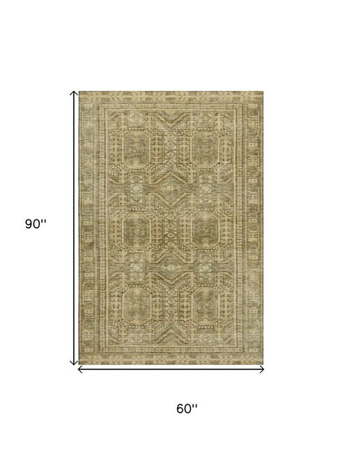 5' X 8' Khaki And Taupe Geometric Washable Area Rug With UV Protection