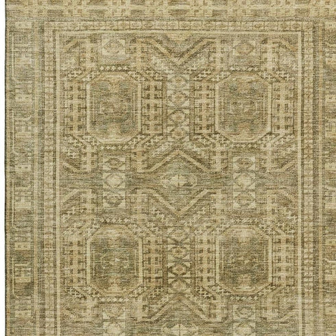 5' X 8' Khaki And Taupe Geometric Washable Area Rug With UV Protection