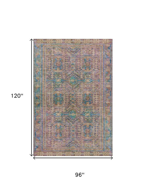 8' X 10' Orange And Teal Geometric Washable Area Rug With UV Protection