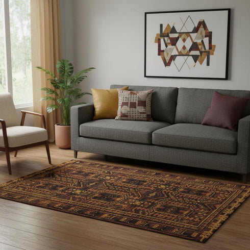 5' X 8' Rust And Black Geometric Washable Area Rug With UV Protection