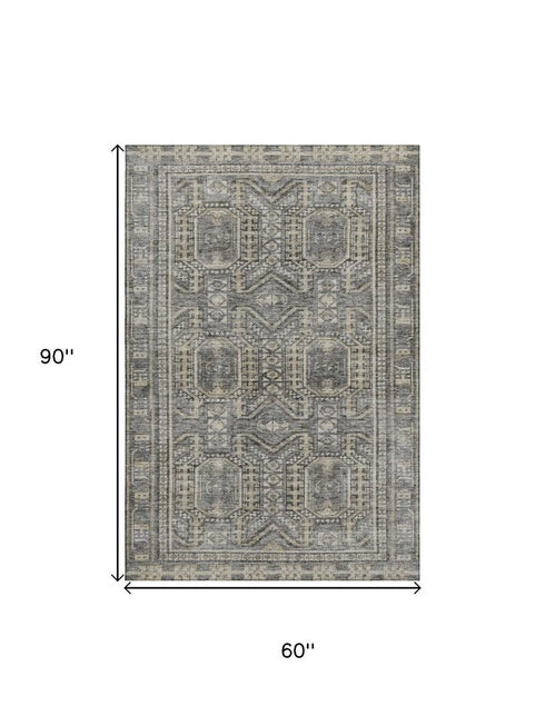 5' X 8' Pewter And Gray Geometric Washable Area Rug With UV Protection