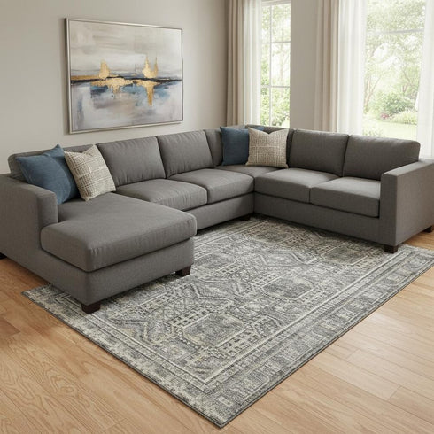 8' X 10' Pewter And Gray Geometric Washable Area Rug With UV Protection