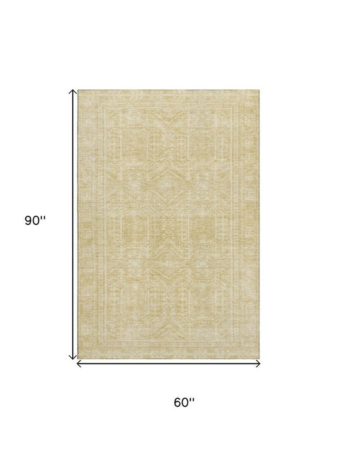 5' X 8' Wheat And Beige Geometric Washable Area Rug With UV Protection
