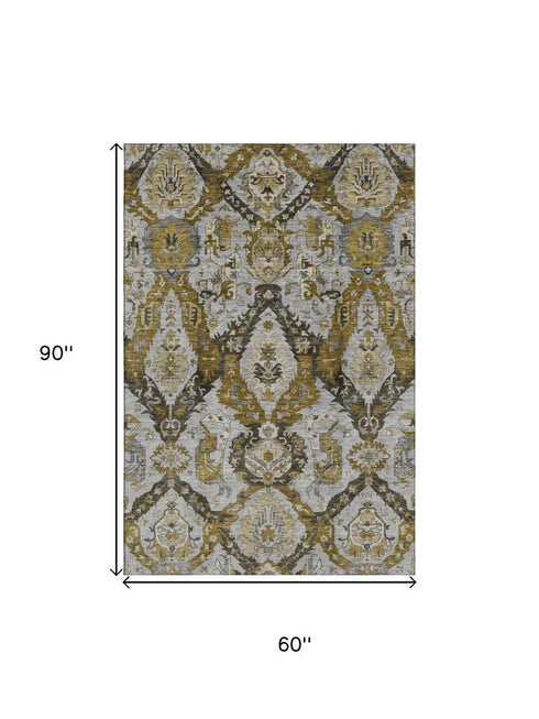 5' X 8' Brown And Gray Ikat Washable Area Rug With UV Protection