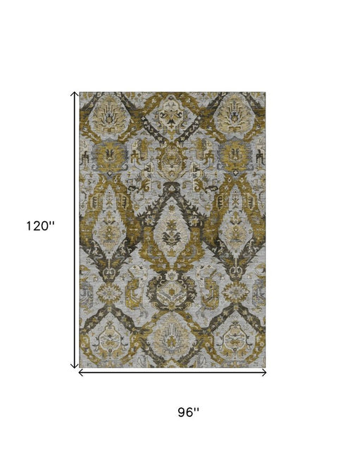 8' X 10' Brown And Gray Ikat Washable Area Rug With UV Protection