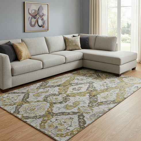 8' X 10' Brown And Gray Ikat Washable Area Rug With UV Protection