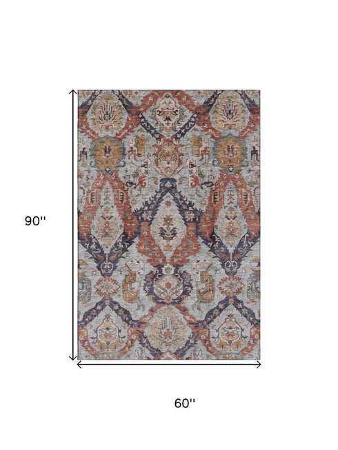 5' X 8' Blue Copper And Beige Ikat Washable Area Rug With UV Protection