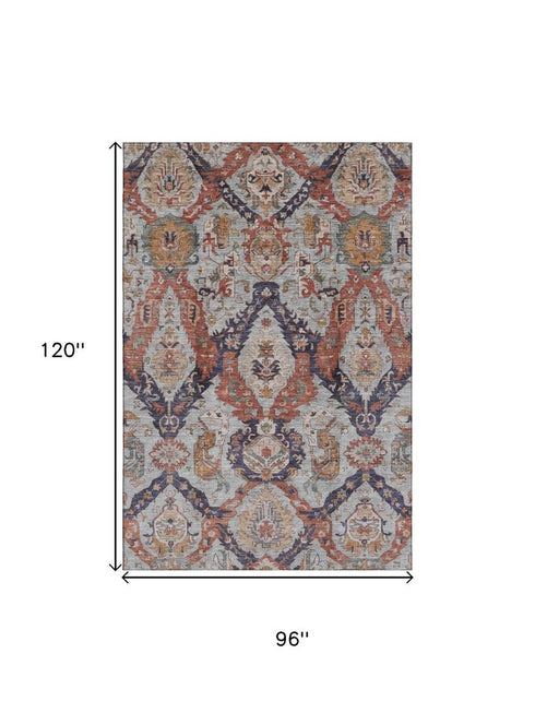 8' X 10' Blue Copper And Beige Ikat Washable Area Rug With UV Protection