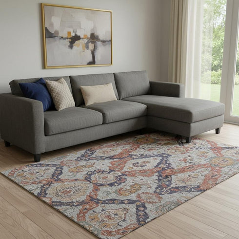 8' X 10' Blue Copper And Beige Ikat Washable Area Rug With UV Protection