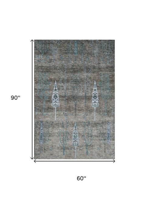 5' X 8' Brown And Blue Floral Washable Area Rug With UV Protection