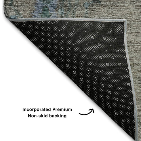 5' X 8' Brown And Blue Floral Washable Area Rug With UV Protection