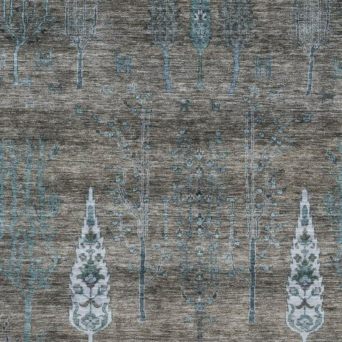 5' X 8' Brown And Blue Floral Washable Area Rug With UV Protection