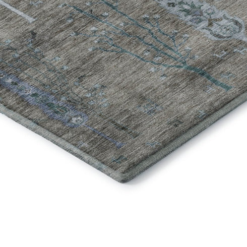 8' X 10' Brown And Blue Floral Washable Area Rug With UV Protection