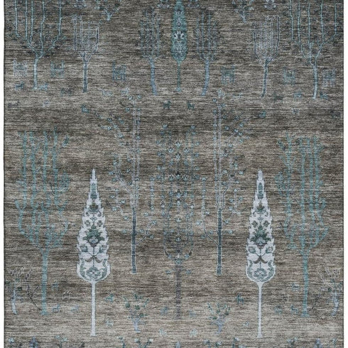 8' X 10' Brown And Blue Floral Washable Area Rug With UV Protection