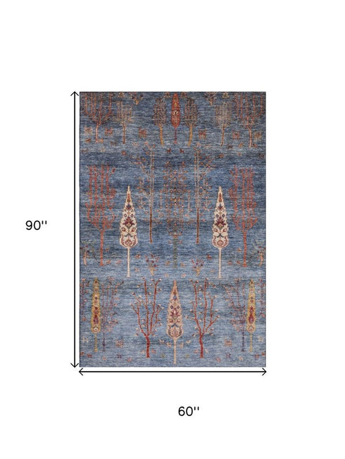 5' X 8' Blue And Rust Floral Washable Area Rug With UV Protection