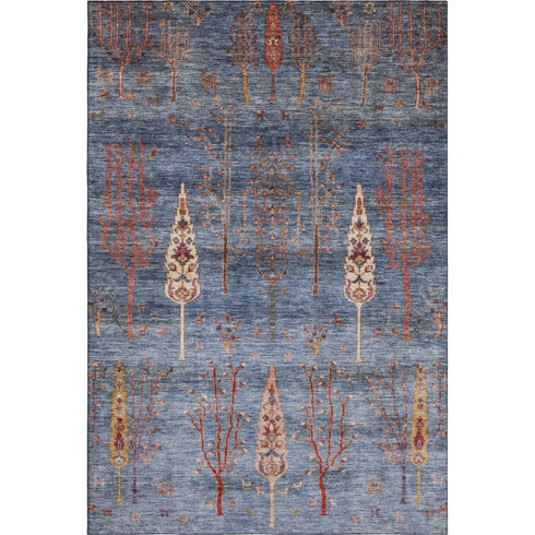 5' X 8' Blue And Rust Floral Washable Area Rug With UV Protection