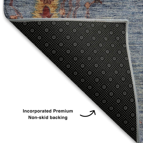 5' X 8' Blue And Rust Floral Washable Area Rug With UV Protection