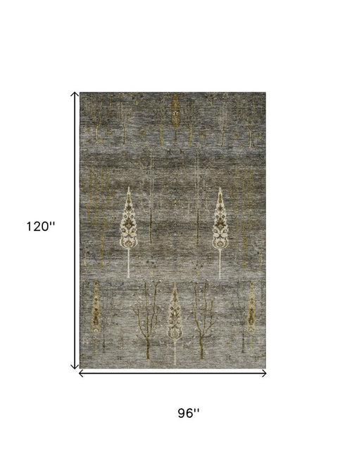 8' X 10' Pewter And Gold Floral Washable Area Rug With UV Protection