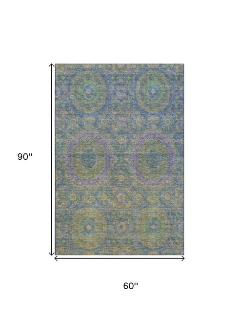 5' X 8' Blue Purple And Green Medallion Washable Area Rug With UV Protection