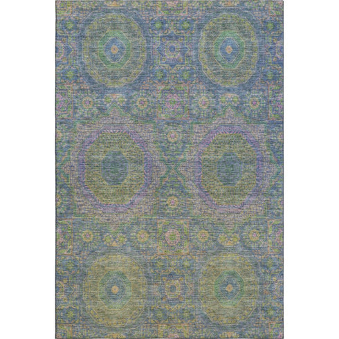5' X 8' Blue Purple And Green Medallion Washable Area Rug With UV Protection