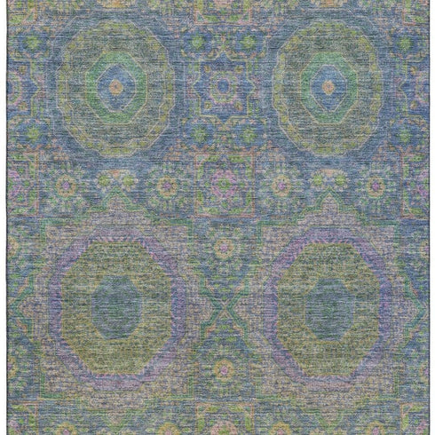 5' X 8' Blue Purple And Green Medallion Washable Area Rug With UV Protection