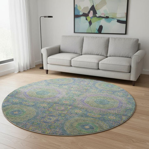 8' Blue Purple And Green Medallion Washable Round Rug With UV Protection
