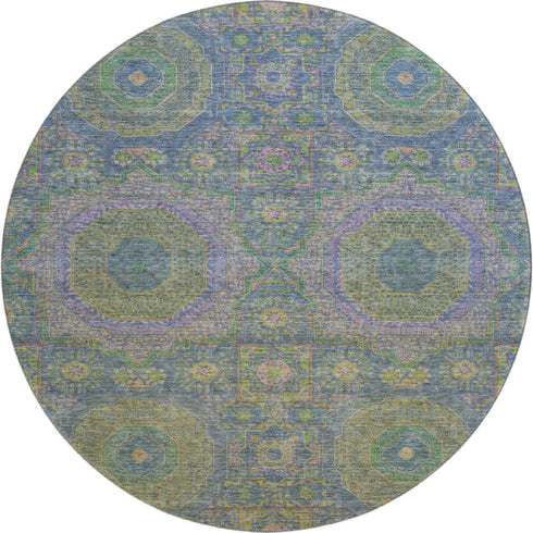 8' Blue Purple And Green Medallion Washable Round Rug With UV Protection
