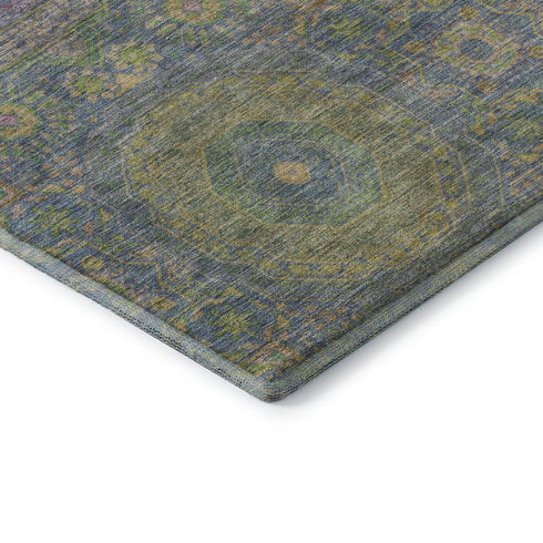 8' Blue Purple And Green Medallion Washable Round Rug With UV Protection
