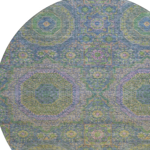 8' Blue Purple And Green Medallion Washable Round Rug With UV Protection