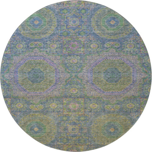 8' Blue Purple And Green Medallion Washable Round Rug With UV Protection